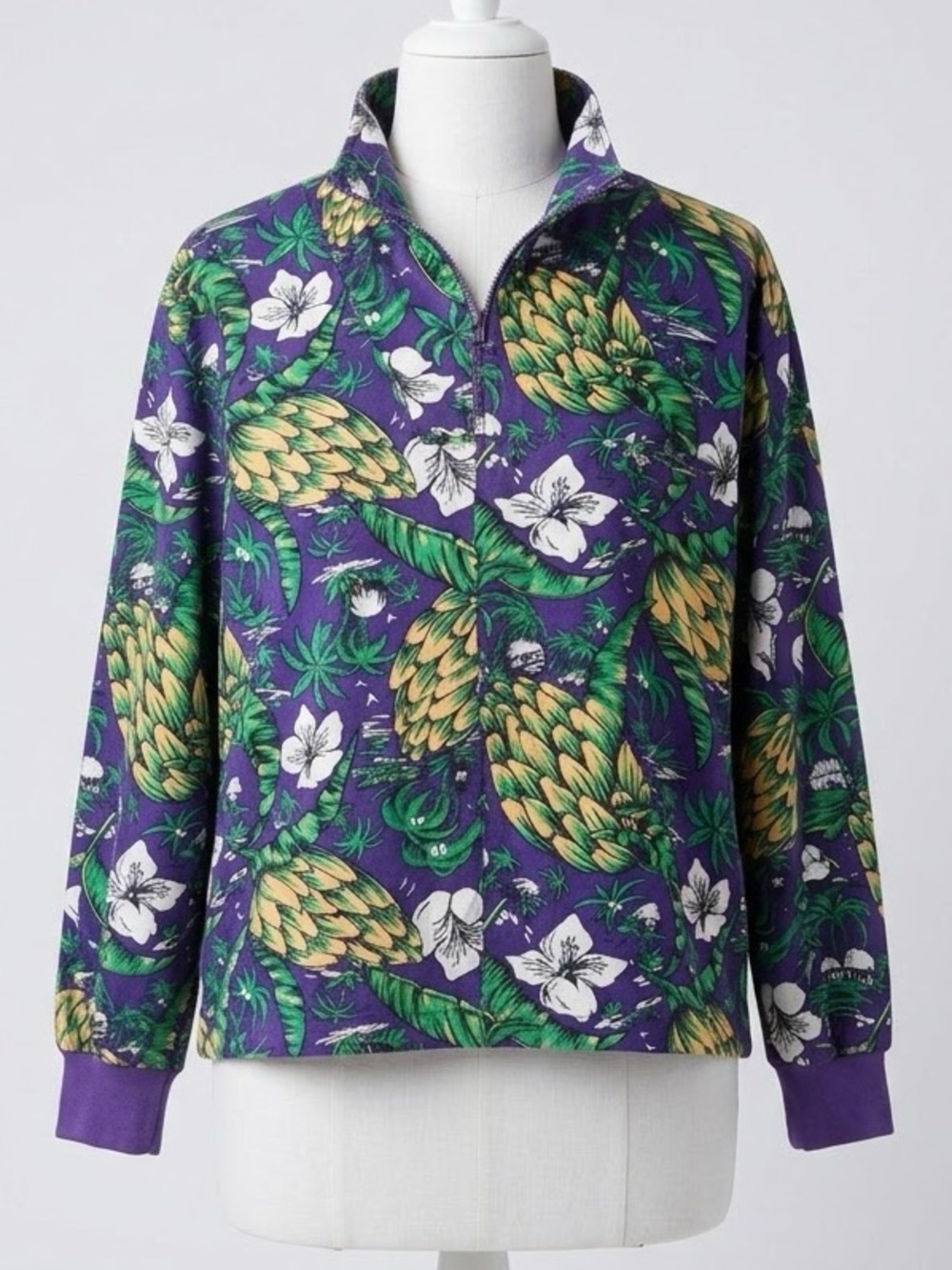 Vintage 80s Esprit Sport Tropical Banana Palm 1/4 Zip Pullover Jacket Top Medium